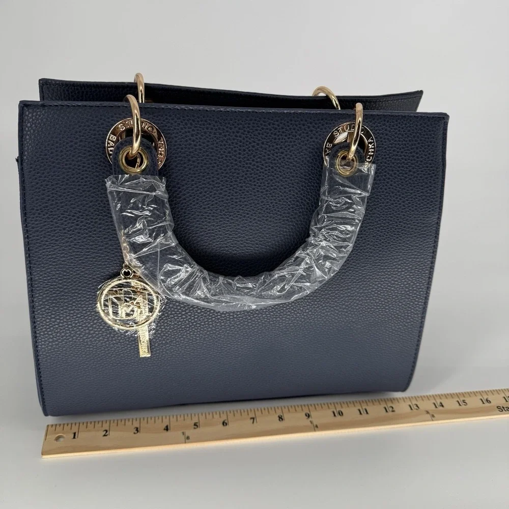 Studio Badgley Mischka Navy Vegan Leather Satchel Bag Top Handle‎ Charm $129